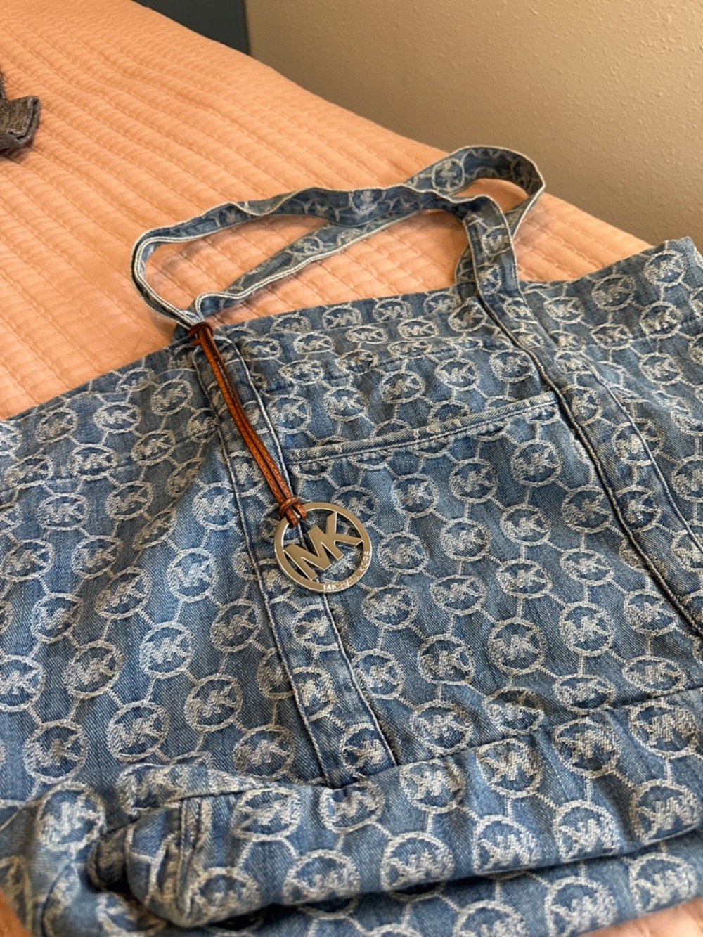 Michael Kors Blue Denim MK Monogram Tote with Logo Charm